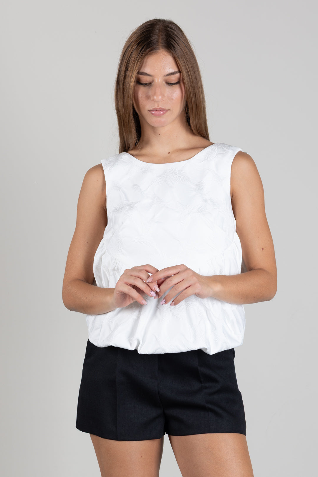 Elisabetta Franchi Top In Raso Jacquard con Piume TO08267E2 AVORIO