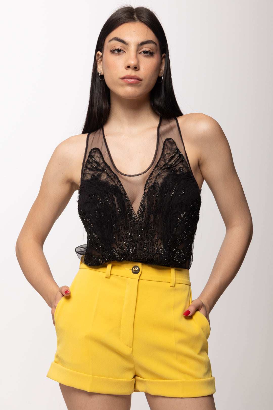 Elisabetta Franchi Top In Tulle Ricamato con Effetto Trasparenzaa RT06J62E2 NERO