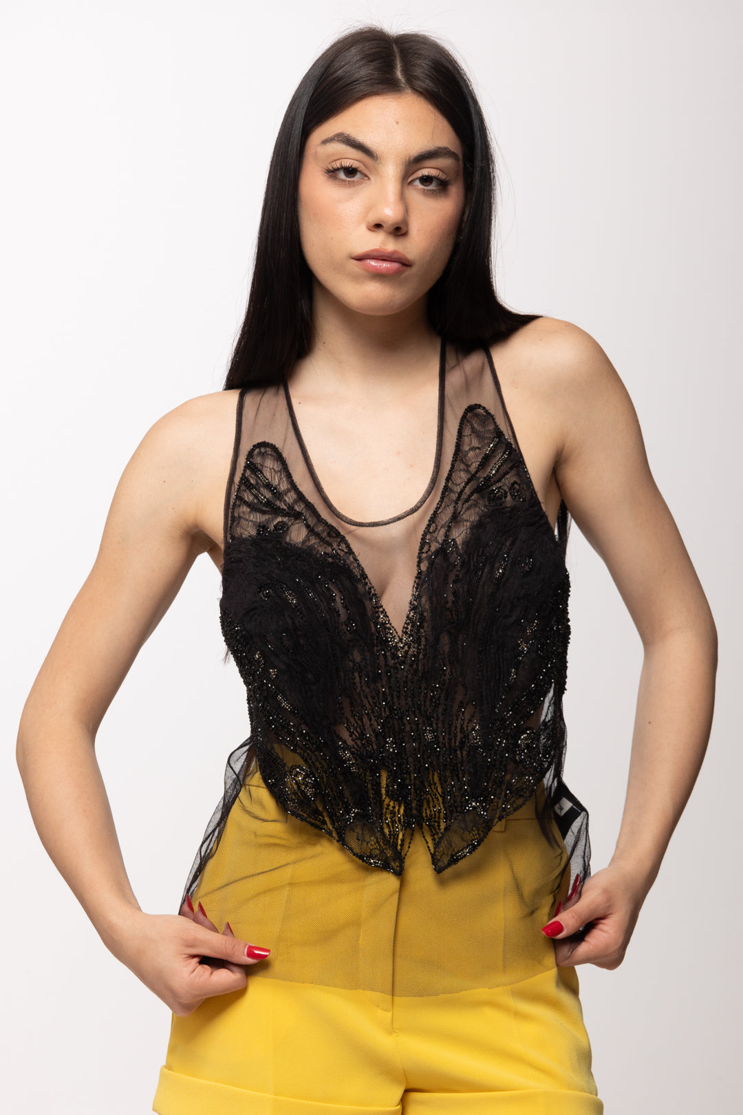 Elisabetta Franchi Top In Tulle Ricamato con Effetto Trasparenzaa RT06J62E2 NERO