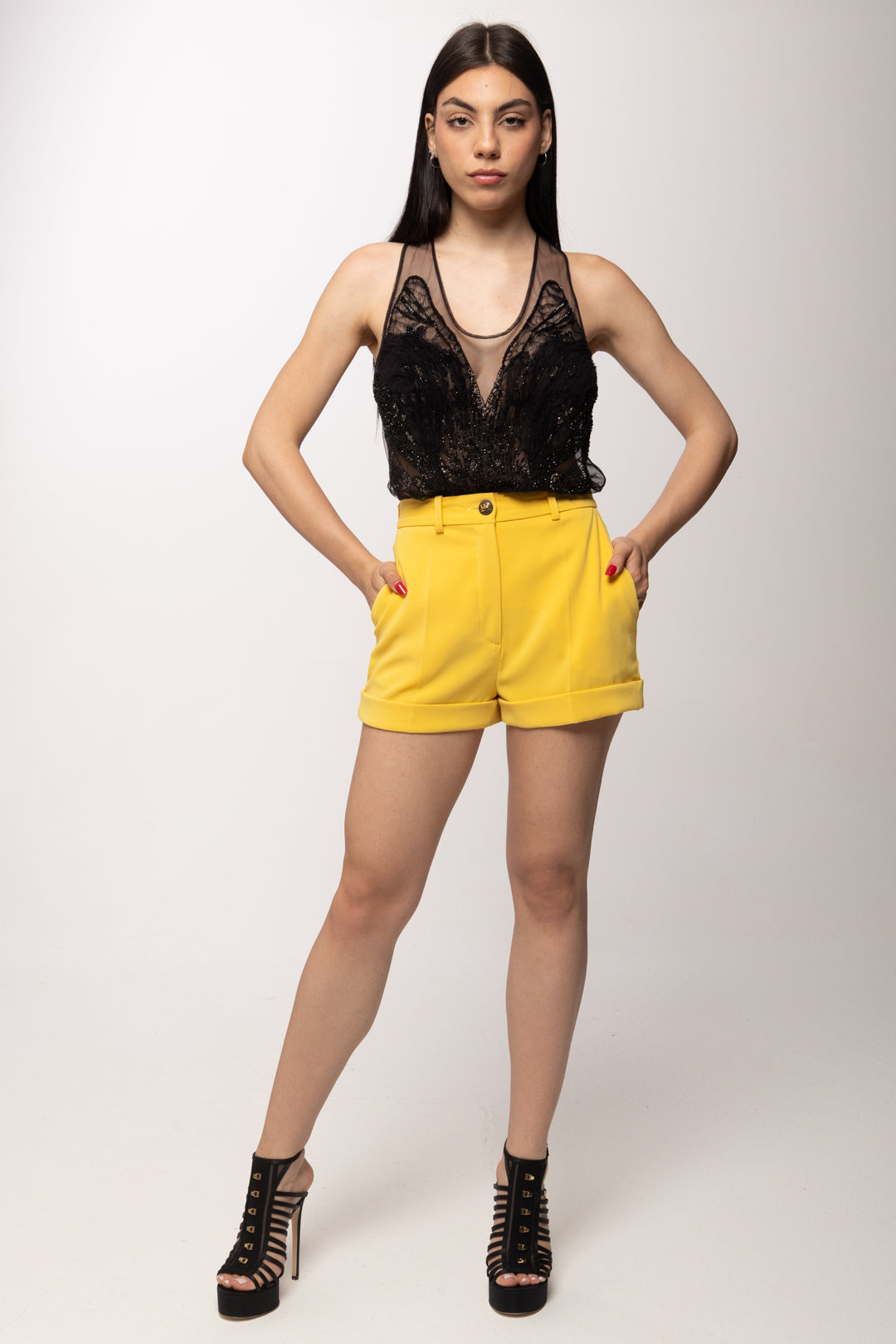 Elisabetta Franchi Top In Tulle Ricamato con Effetto Trasparenzaa RT06J62E2 NERO