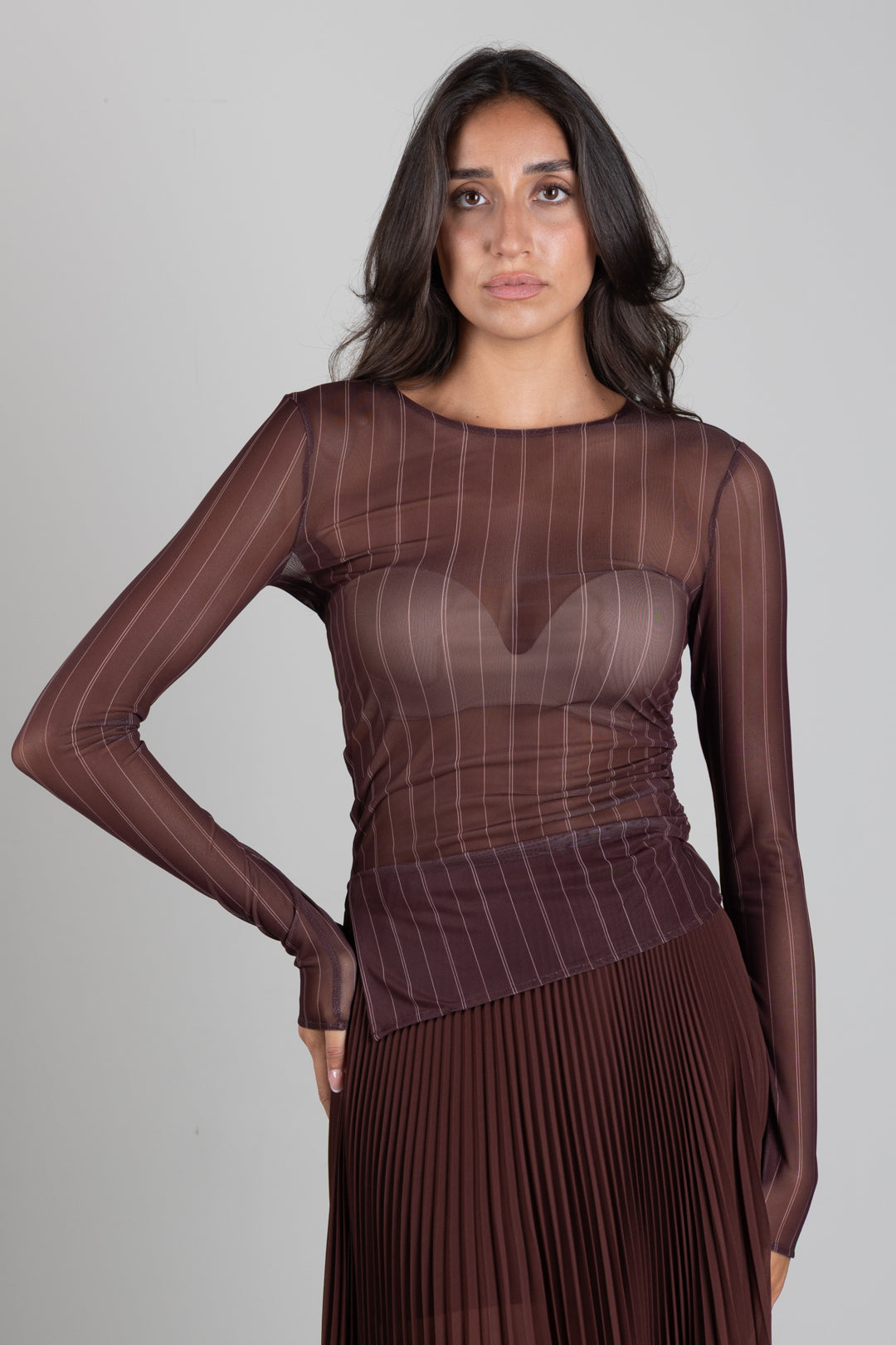 Patrizia Pepe Top In Tulle Stretch a Righe 8M0193 J0068 WOOD BROWN STRIPE