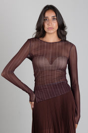 Patrizia Pepe Top In Tulle Stretch a Righe 8M0193 J0068 WOOD BROWN STRIPE