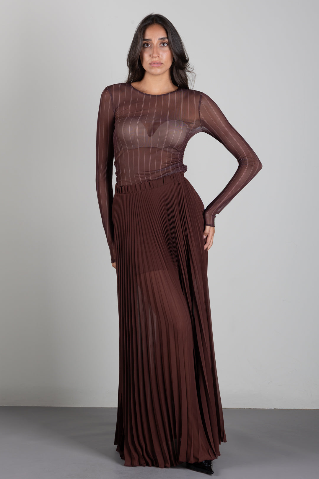 Patrizia Pepe Top In Tulle Stretch a Righe 8M0193 J0068 WOOD BROWN STRIPE