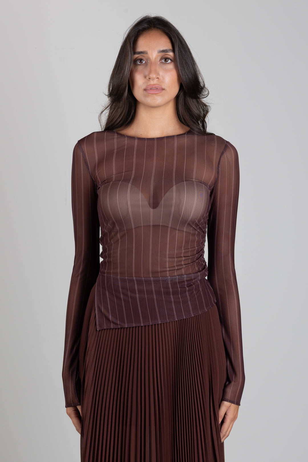 Patrizia Pepe Top In Tulle Stretch a Righe 8M0193 J0068 WOOD BROWN STRIPE