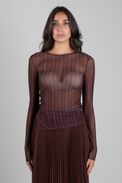 Patrizia Pepe Top In Tulle Stretch a Righe 8M0193 J0068 WOOD BROWN STRIPE