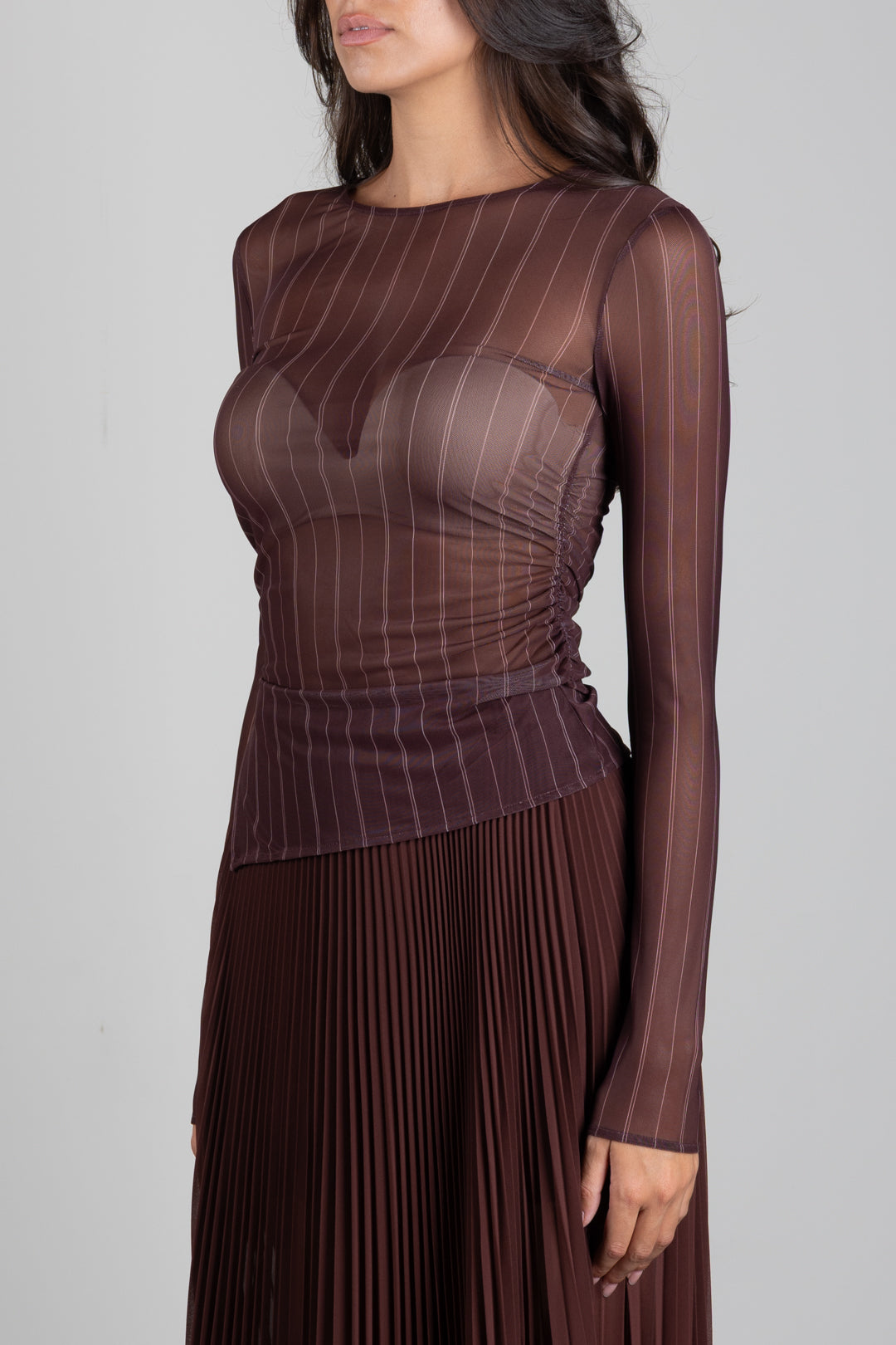 Patrizia Pepe Top In Tulle Stretch a Righe 8M0193 J0068 WOOD BROWN STRIPE