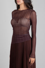 Patrizia Pepe Top In Tulle Stretch a Righe 8M0193 J0068 WOOD BROWN STRIPE