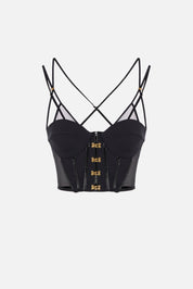 Elisabetta Franchi Top In Vinile e Tulle con Ganci Oro TO04057E2 NERO