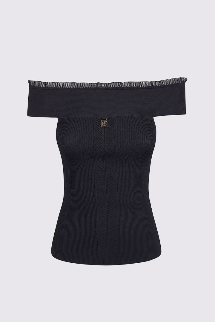 Elisabetta Franchi Top Jacquard con Scollo Off Shoulder TK07B66E2 BLU NOTTE