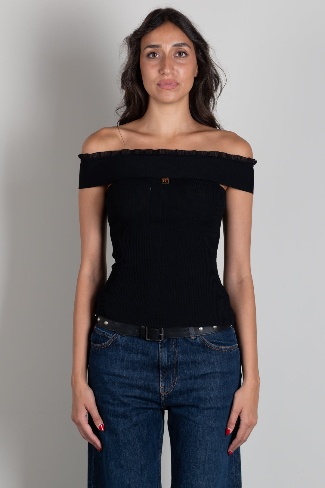 Elisabetta Franchi Top Jacquard con Scollo Off Shoulder TK07B66E2 NERO