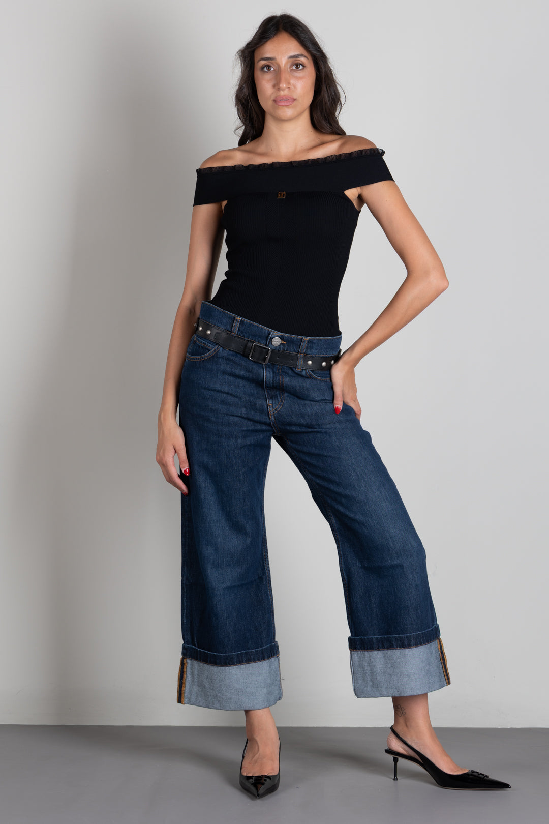 Elisabetta Franchi Top Jacquard con Scollo Off Shoulder TK07B66E2 NERO