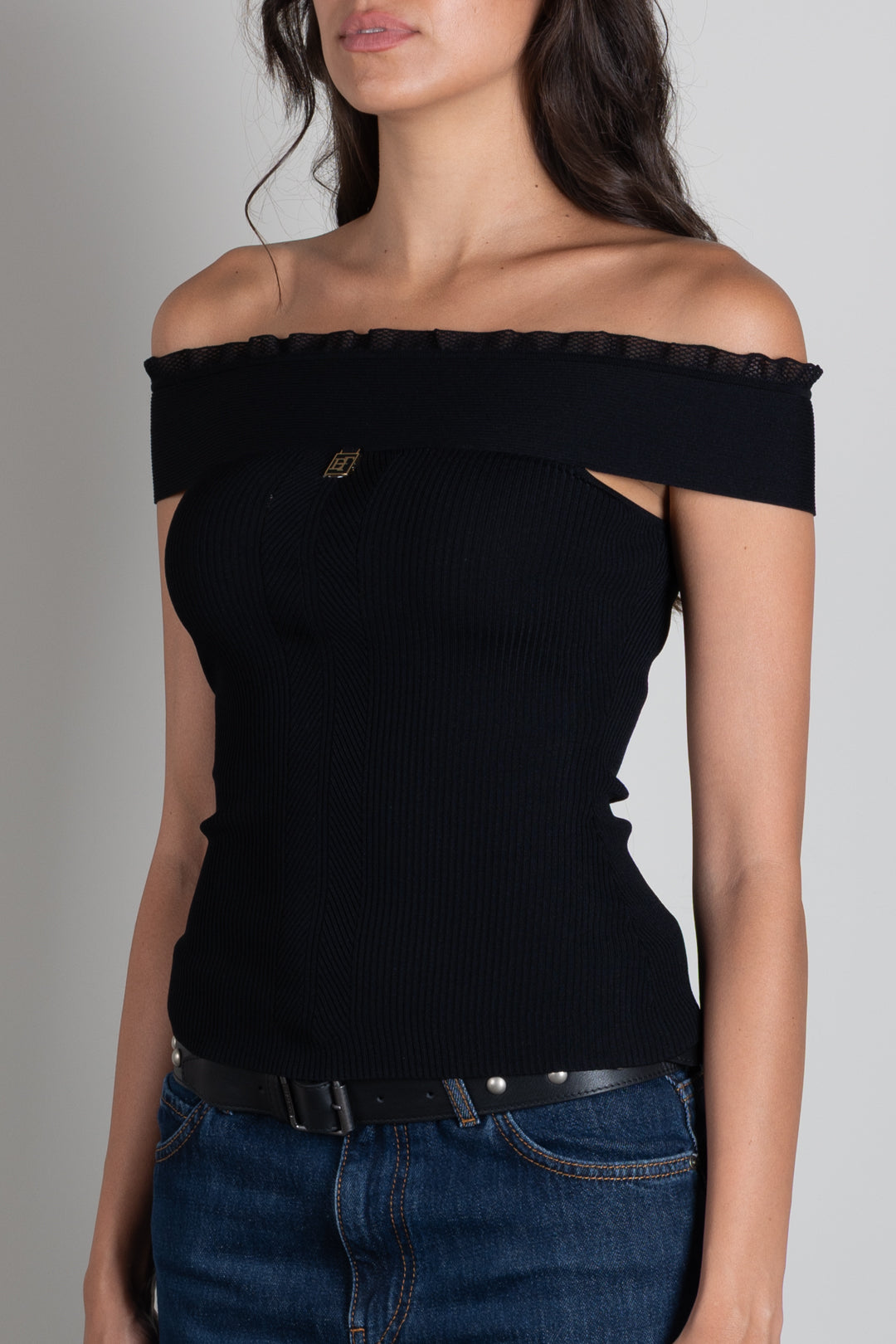 Elisabetta Franchi Top Jacquard con Scollo Off Shoulder TK07B66E2 NERO