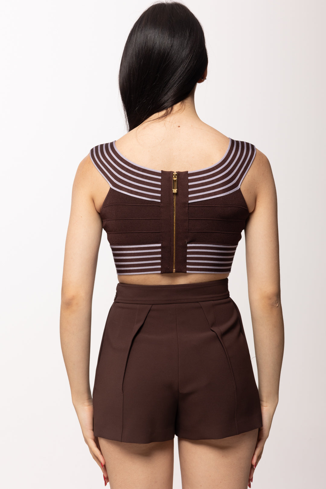 Elisabetta Franchi Top Lavorato a Maglia con Bordo a Righe TK44S61E2 CACAO/LILLA