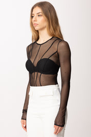 Elisabetta Franchi Top Maglia In Tulle con Tagli Bustier MD02161E2 NERO