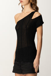 Manila Grace Top Monospalla Asimmetrico In Maglia Lurex M442VX NERO