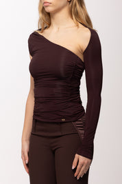 Elisabetta Franchi Top Monospalla con Cut-out e Manica Lunga MD01561E2 CACAO