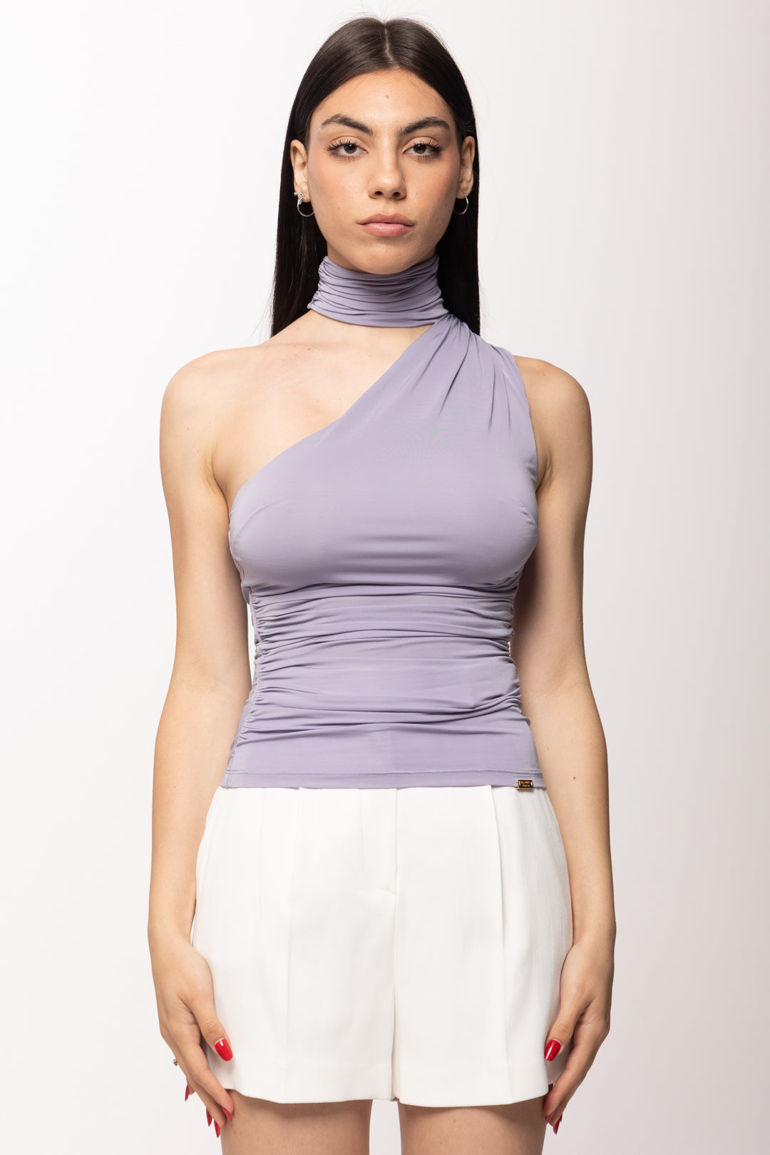 Elisabetta Franchi Top Monospalla con Drappeggi In Jersey Crepe TO03861E2 LILLA