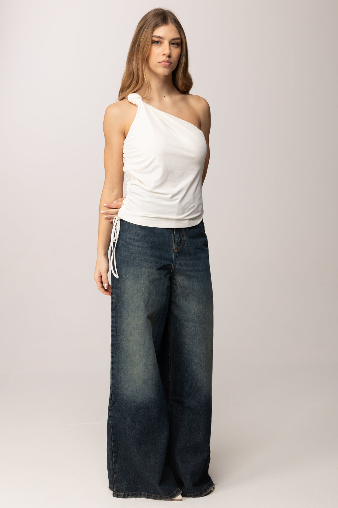 Pinko Top Monospalla con Nodo e Coulisse 106544 A37V BIANCO-BIANCANEVE