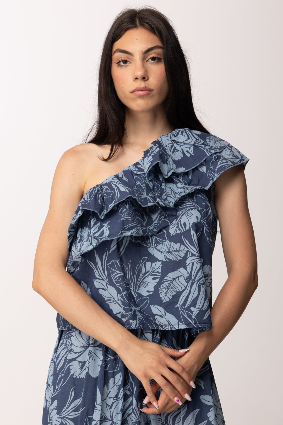 Khloe Femme Top Monospalla con Volant Tropicale A6587-M11 BLU