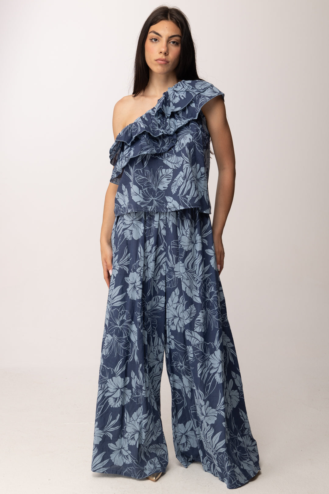 Khloe Femme Top Monospalla con Volant Tropicale A6587-M11 BLU