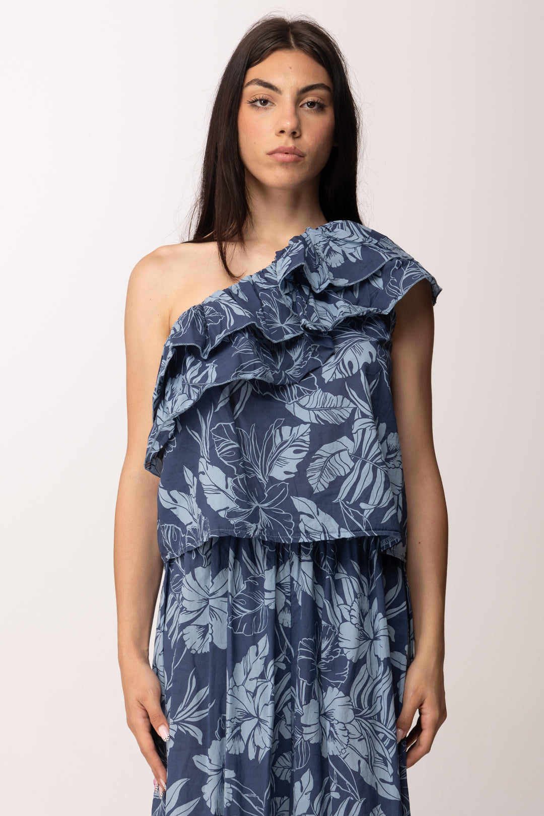 Khloe Femme Top Monospalla con Volant Tropicale A6587-M11 BLU