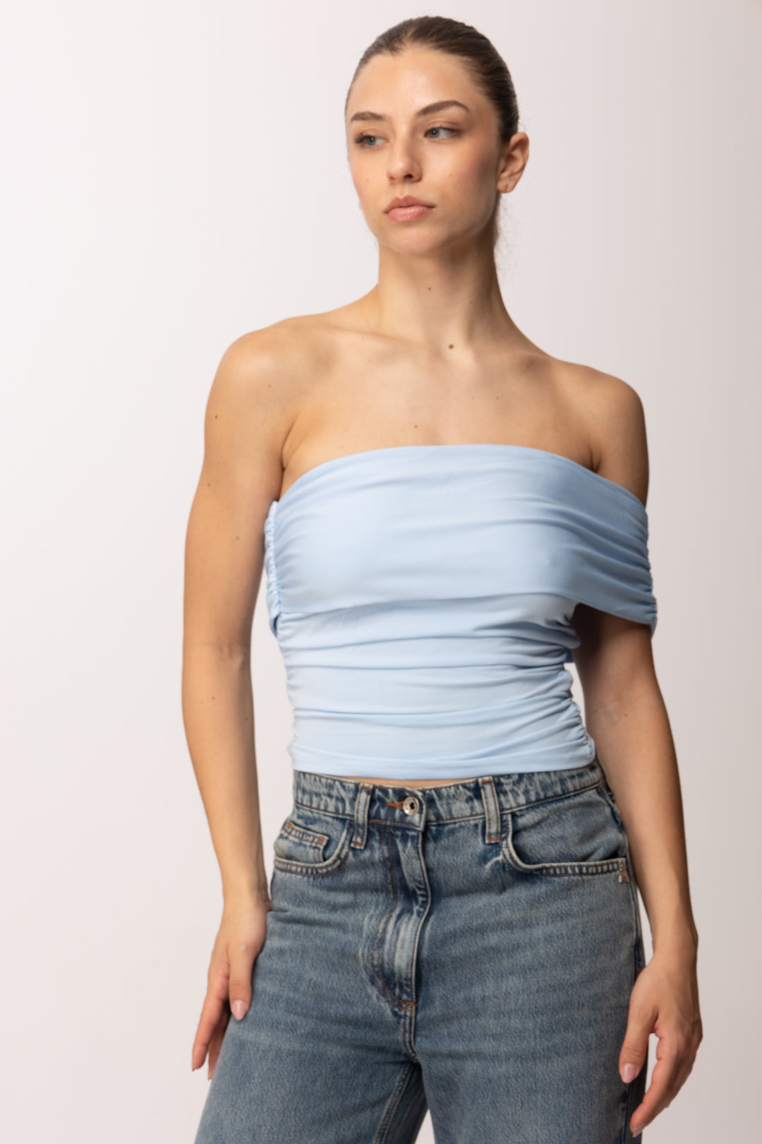 Khloe Femme Top Monospalla Drappeggiato E0316 CELESTE