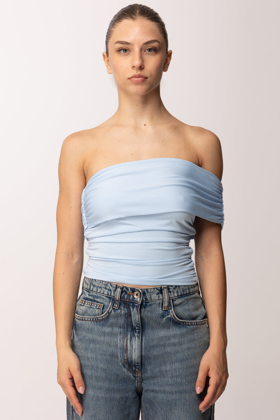 Khloe Femme Top Monospalla Drappeggiato E0316 CELESTE