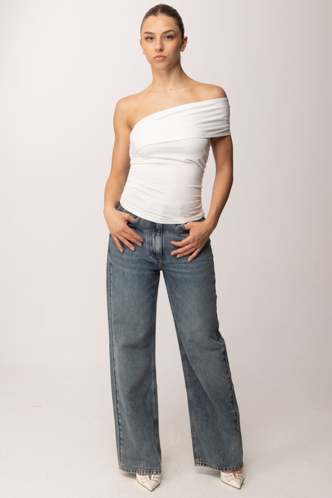 Khloe Femme Top Monospalla Drappeggiato E0316 PANNA