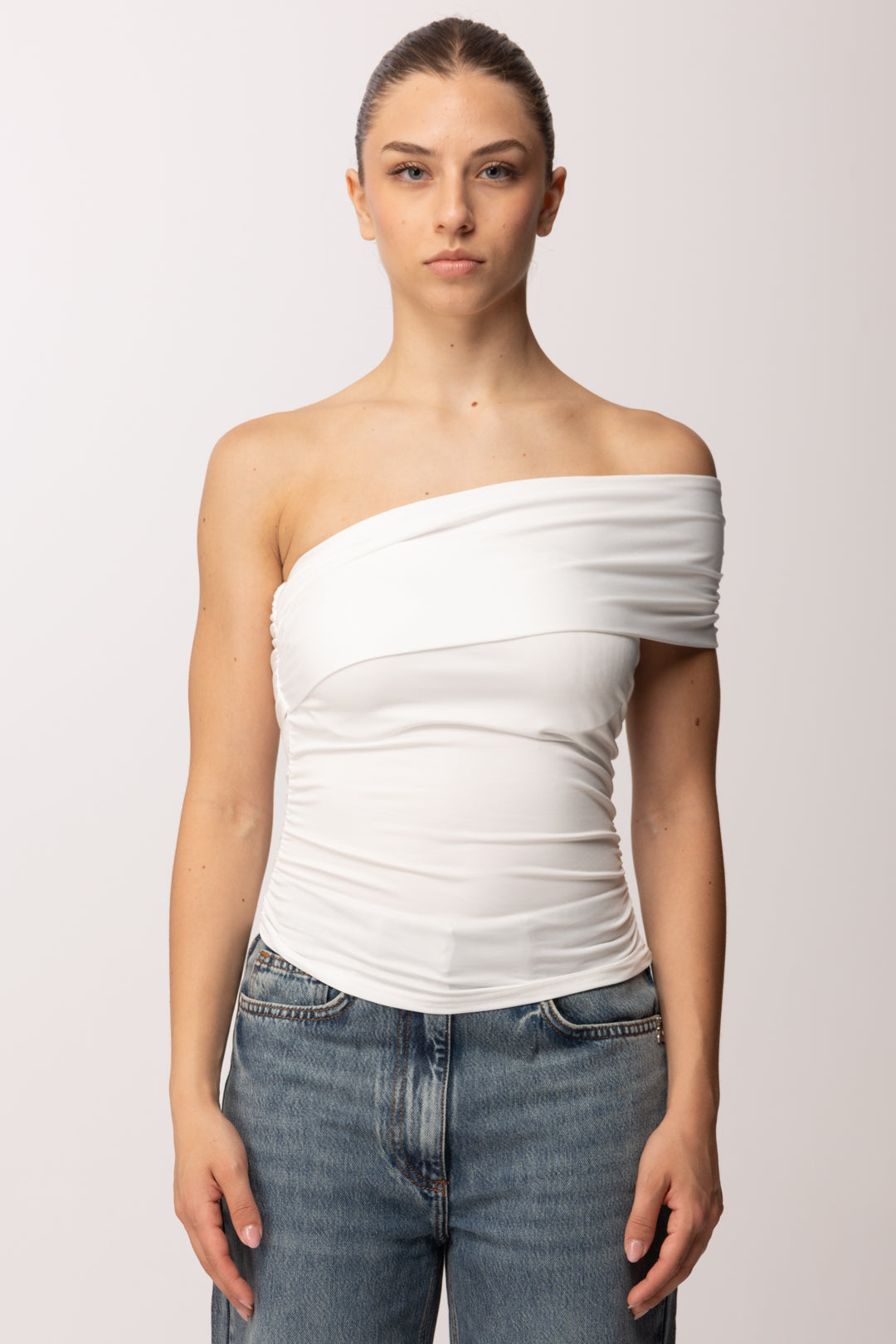 Khloe Femme Top Monospalla Drappeggiato E0316 PANNA