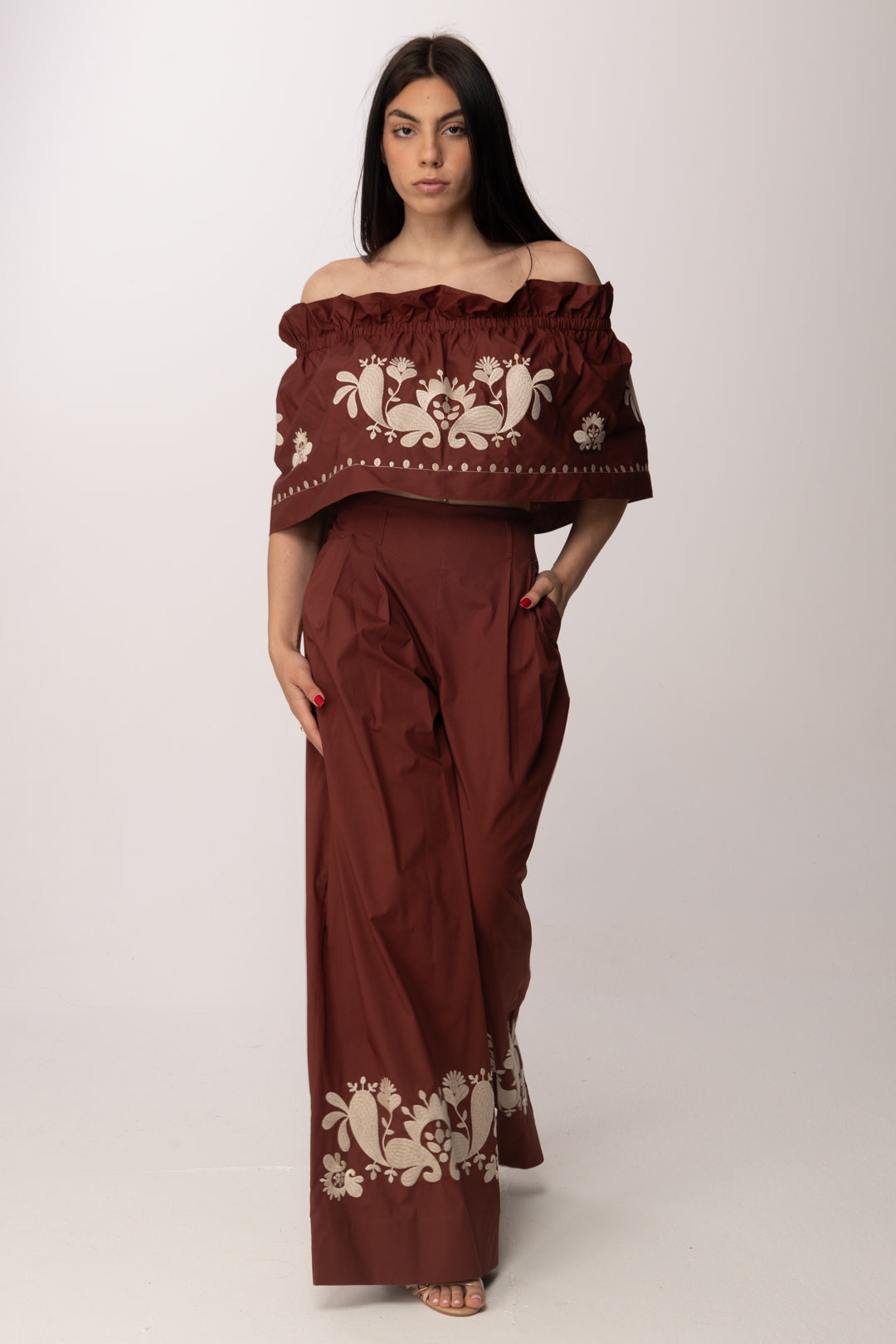 Twin-set Top Off Shoulder In Popeline con Ricamo 261AT2042 TERRA ROSSA