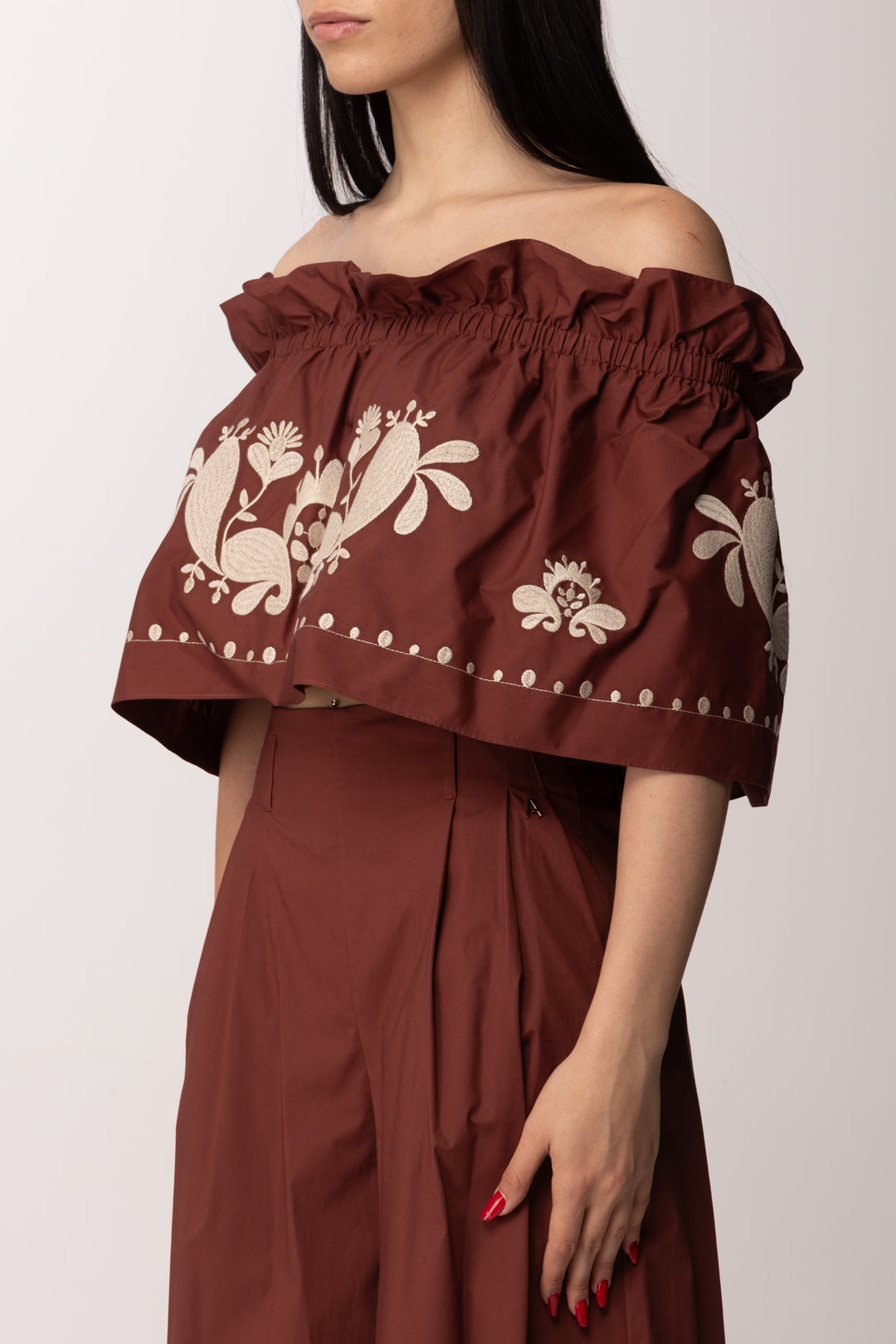 Twin-set Top Off Shoulder In Popeline con Ricamo 261AT2042 TERRA ROSSA