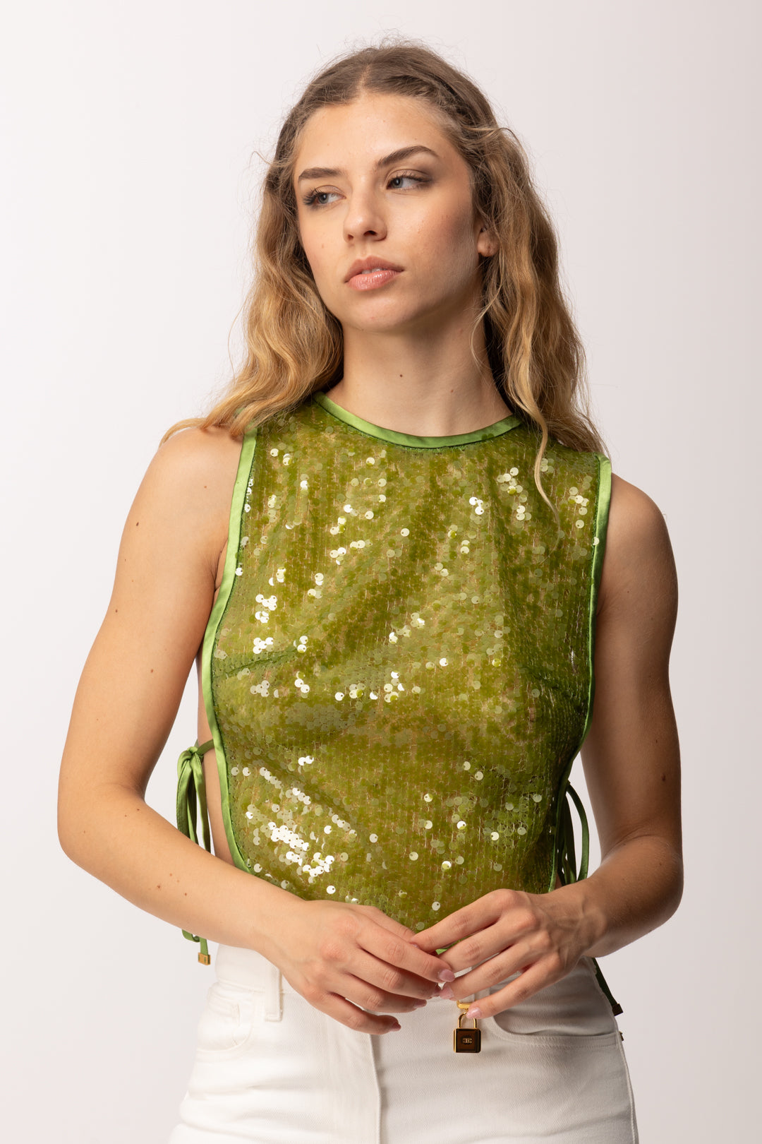 Elisabetta Franchi Top Pettorina In Organza Full Paillettes TO06362E2 ALOE