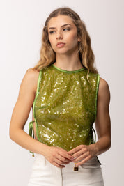 Elisabetta Franchi Top Pettorina In Organza Full Paillettes TO06362E2 ALOE