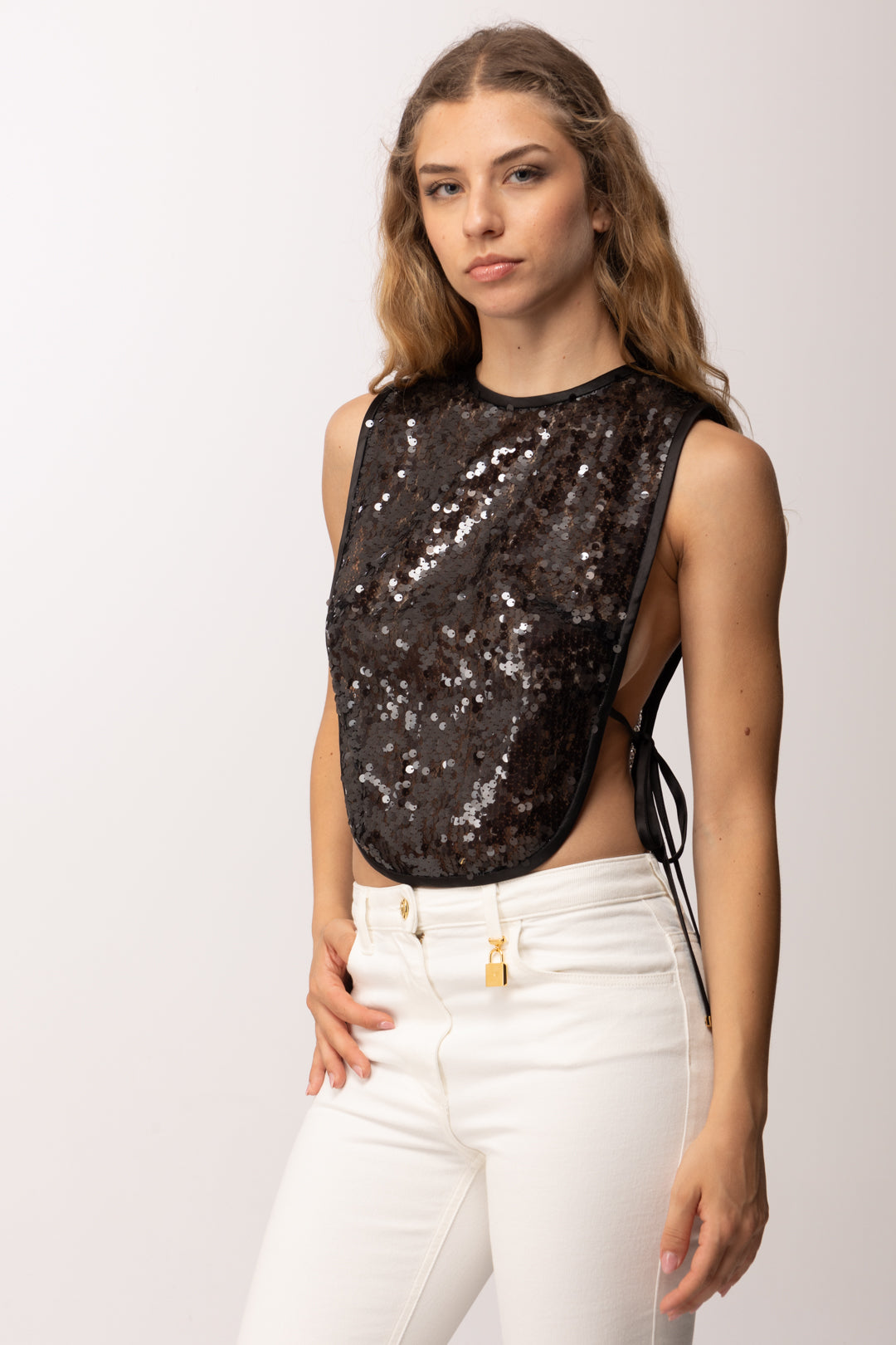 Elisabetta Franchi Top Pettorina In Organza Full Paillettes TO06362E2 NERO