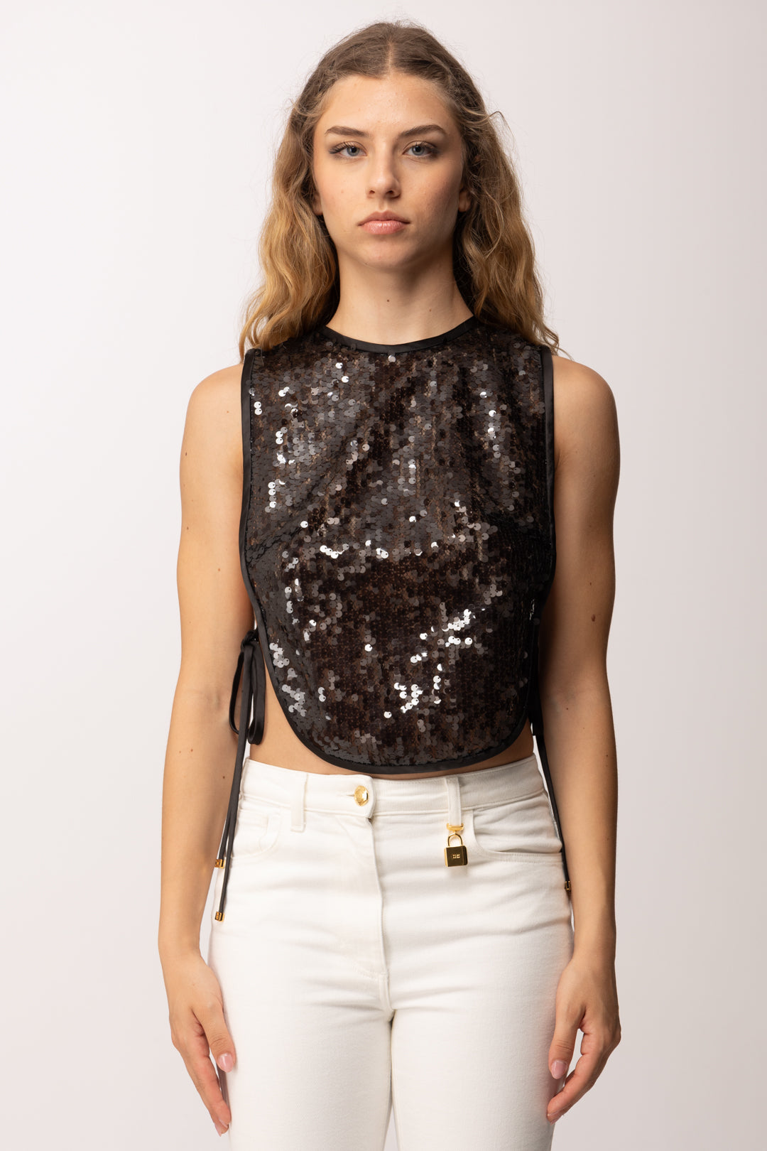 Elisabetta Franchi Top Pettorina In Organza Full Paillettes TO06362E2 NERO