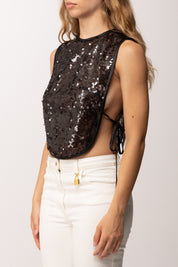 Elisabetta Franchi Top Pettorina In Organza Full Paillettes TO06362E2 NERO