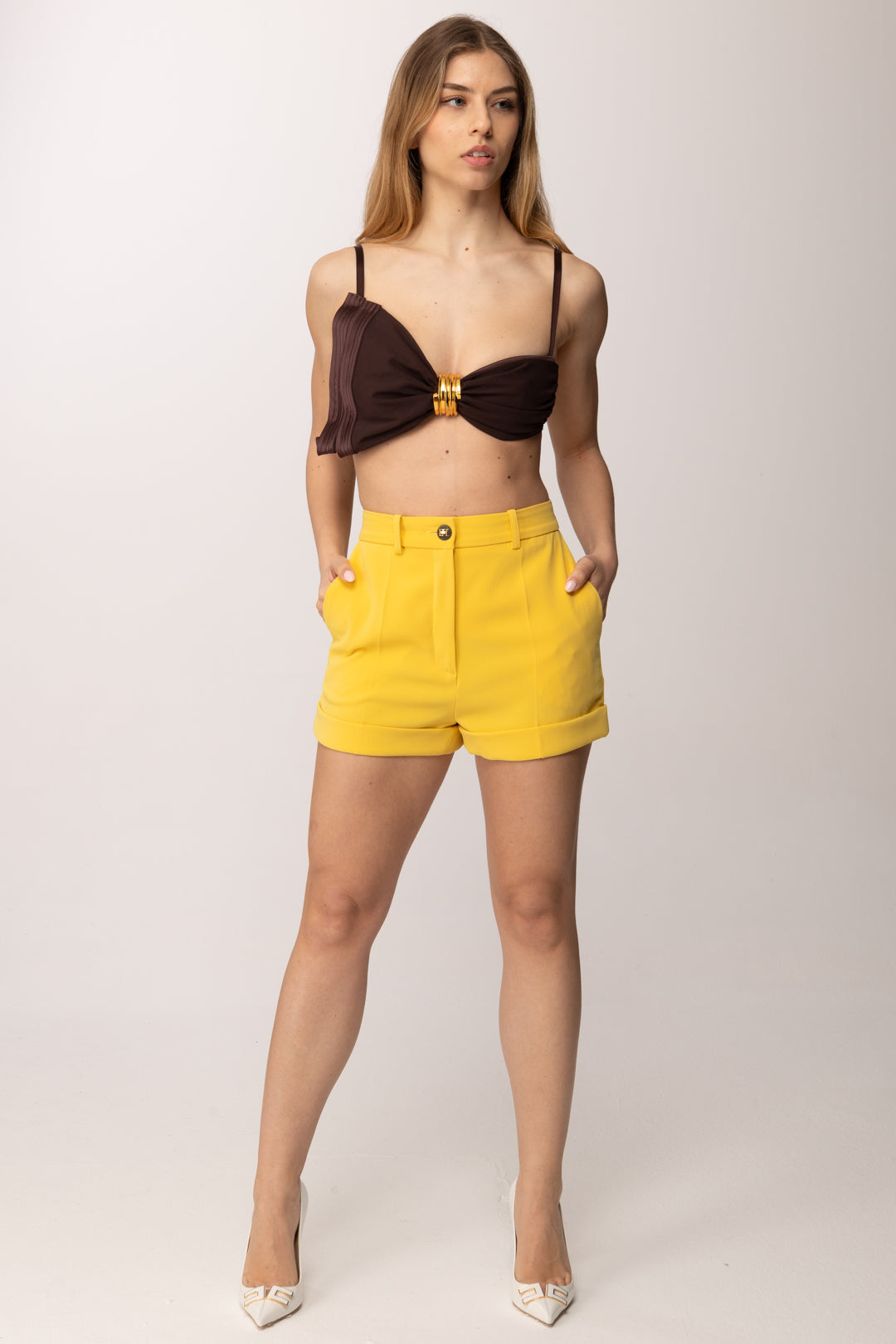 Elisabetta Franchi Top Reggiseno con Ruches e Fermaglio Oro RG01662E2 CACAO