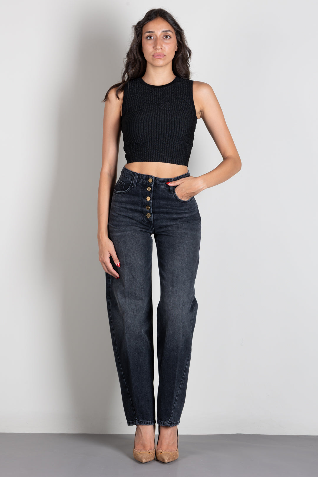 Elisabetta Franchi Top Smanicato In Maglia a Coste TK01S66E2 NERO