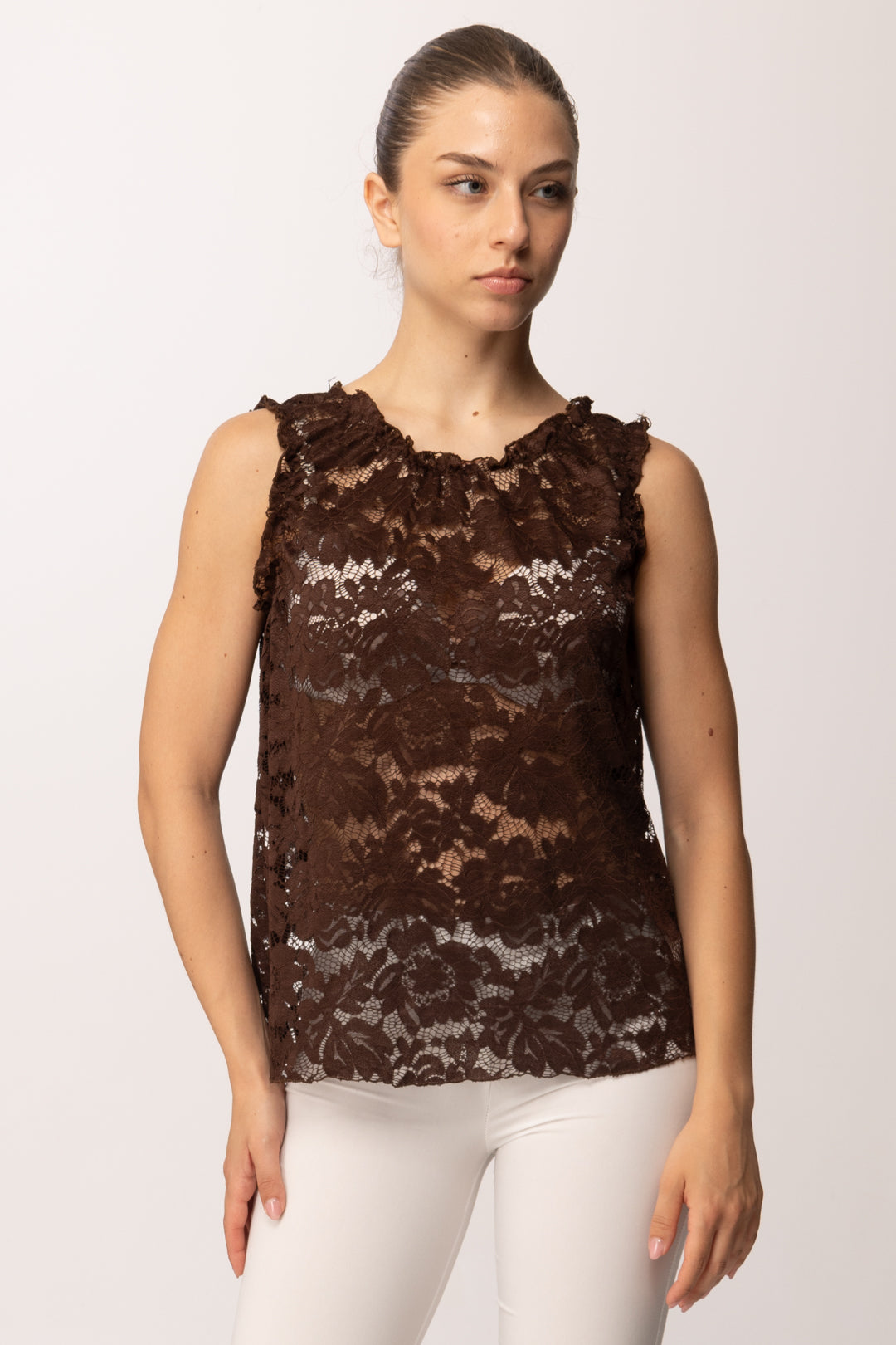 Khloe Femme Top Smanicato In Pizzo 26164 MORO
