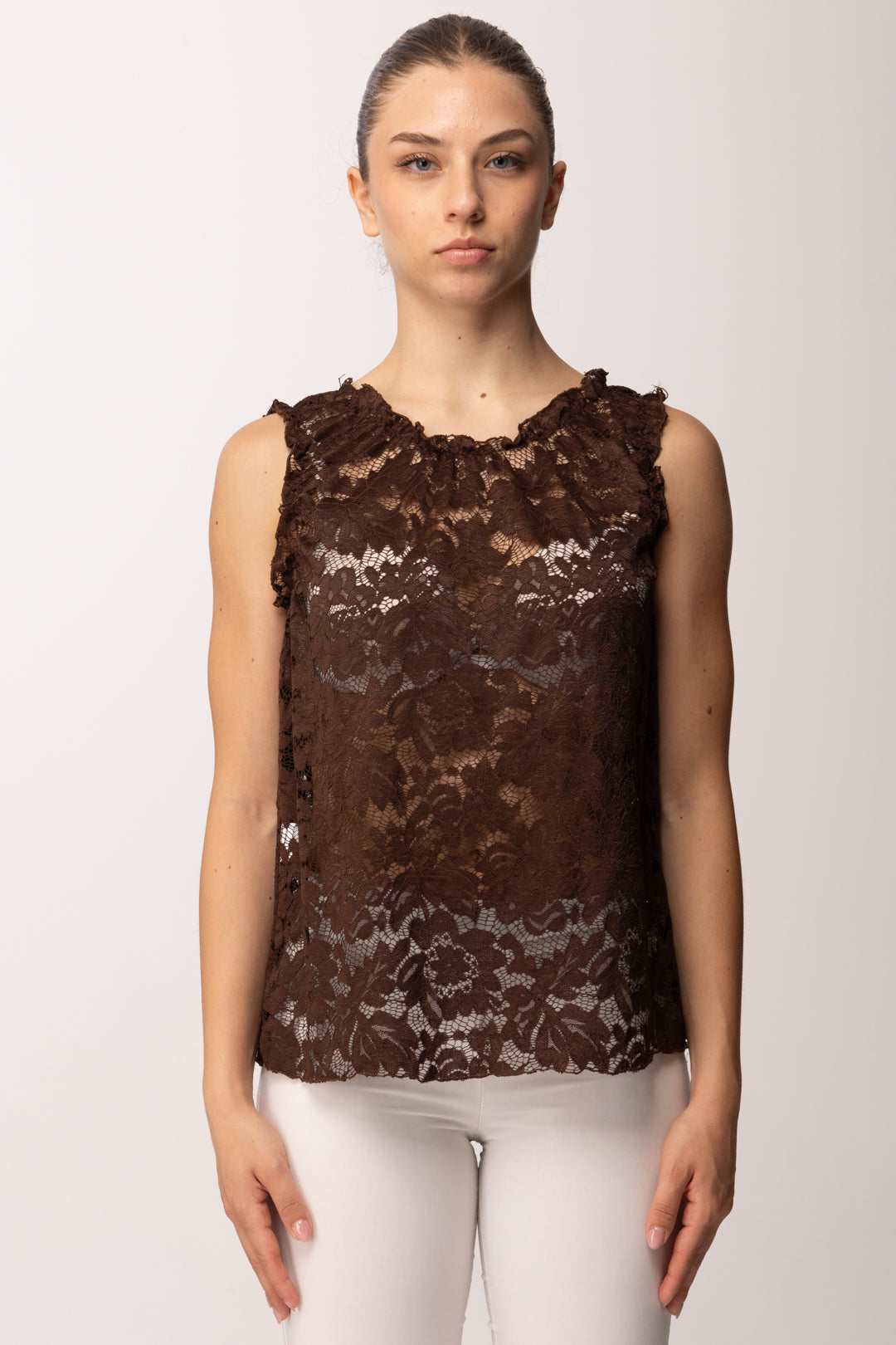 Khloe Femme Top Smanicato In Pizzo 26164 MORO