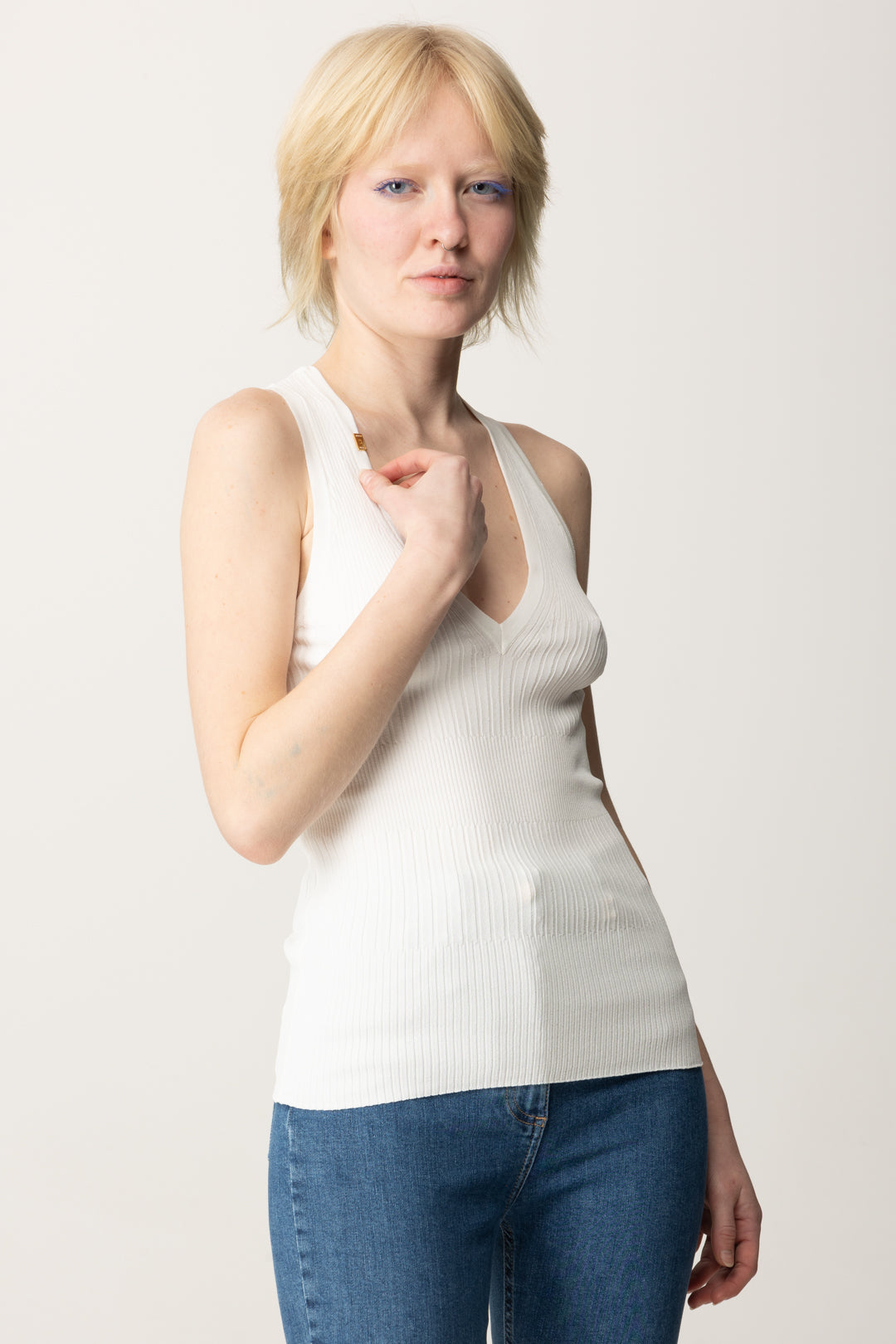 Elisabetta Franchi Top Tricot a Costine con Scollo a V TK35T51E2 AVORIO