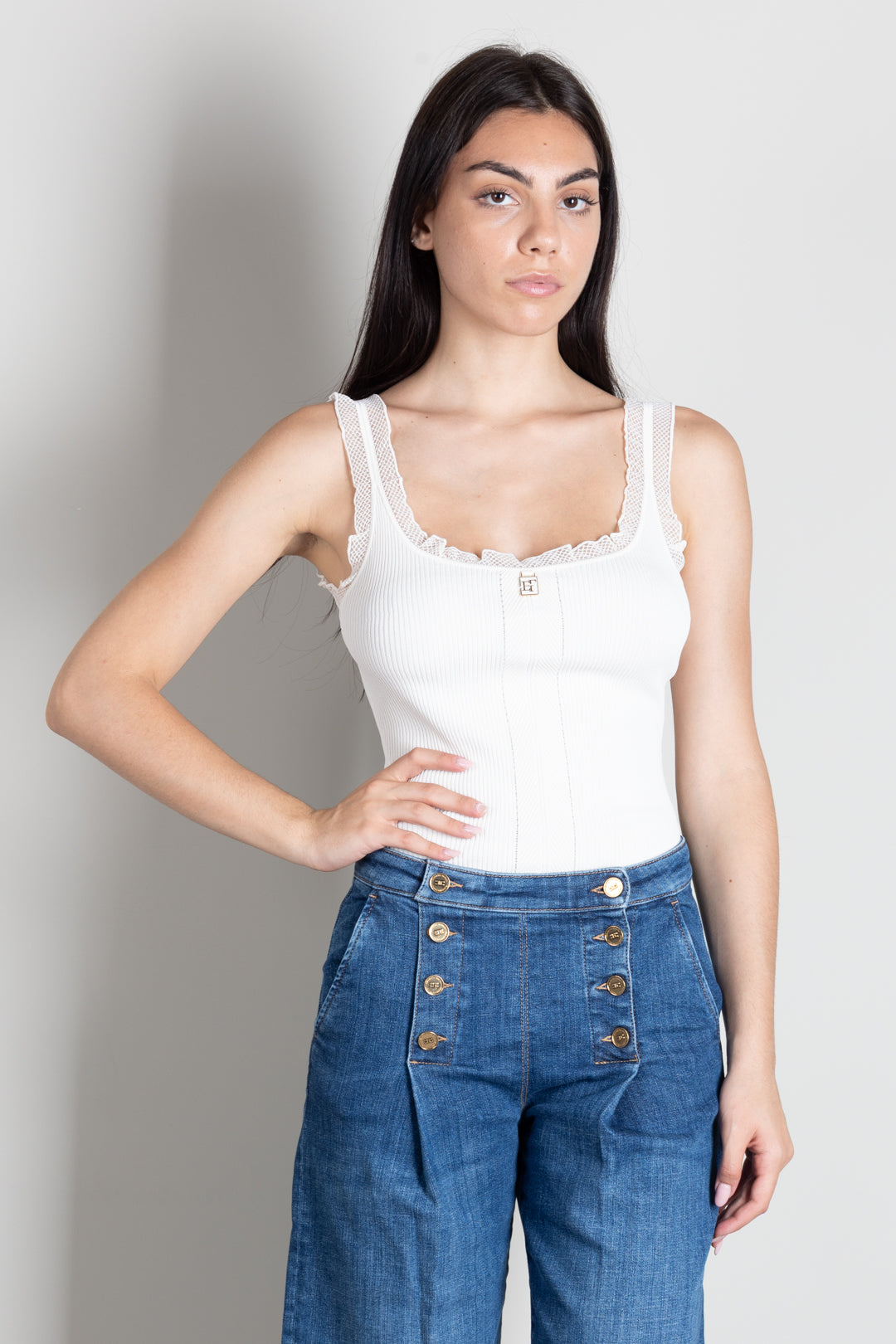 Elisabetta Franchi Top Tricot con Profili In Pizzo TK06B66E2 BURRO