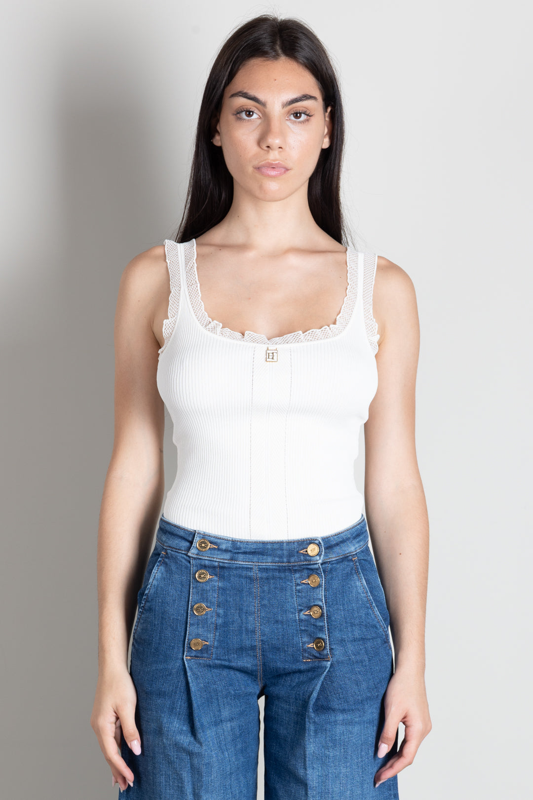 Elisabetta Franchi Top Tricot con Profili In Pizzo TK06B66E2 BURRO