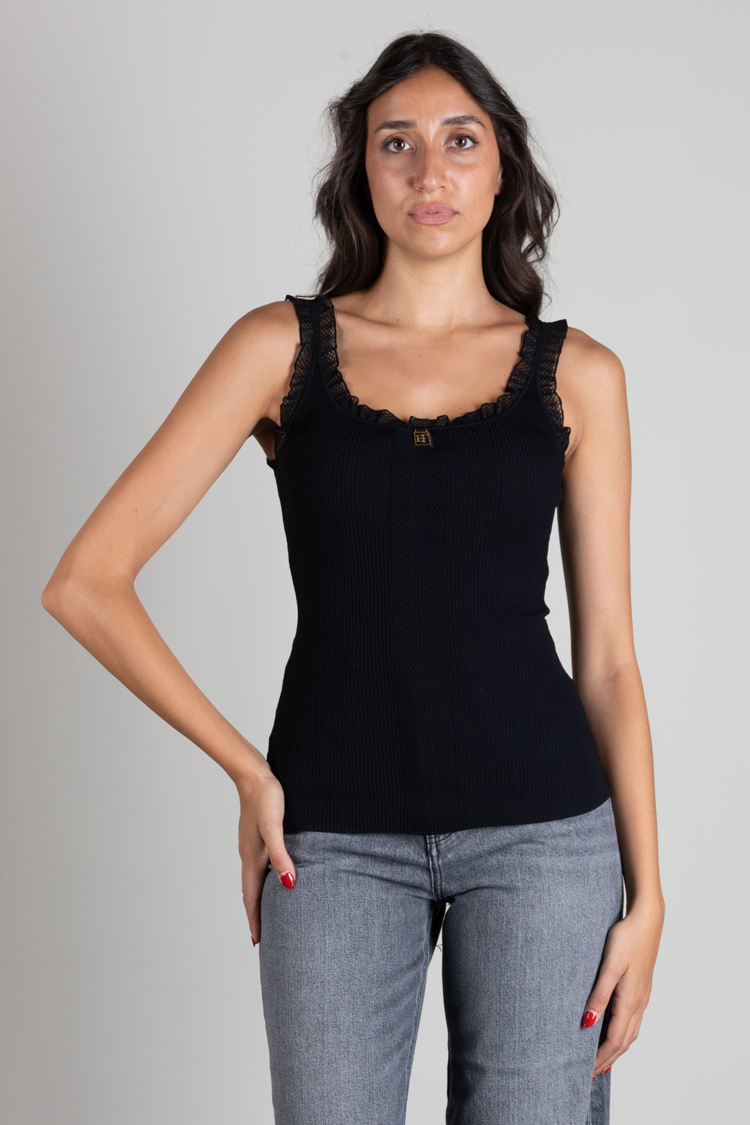 Elisabetta Franchi Top Tricot con Profili In Pizzo TK06B66E2 NERO