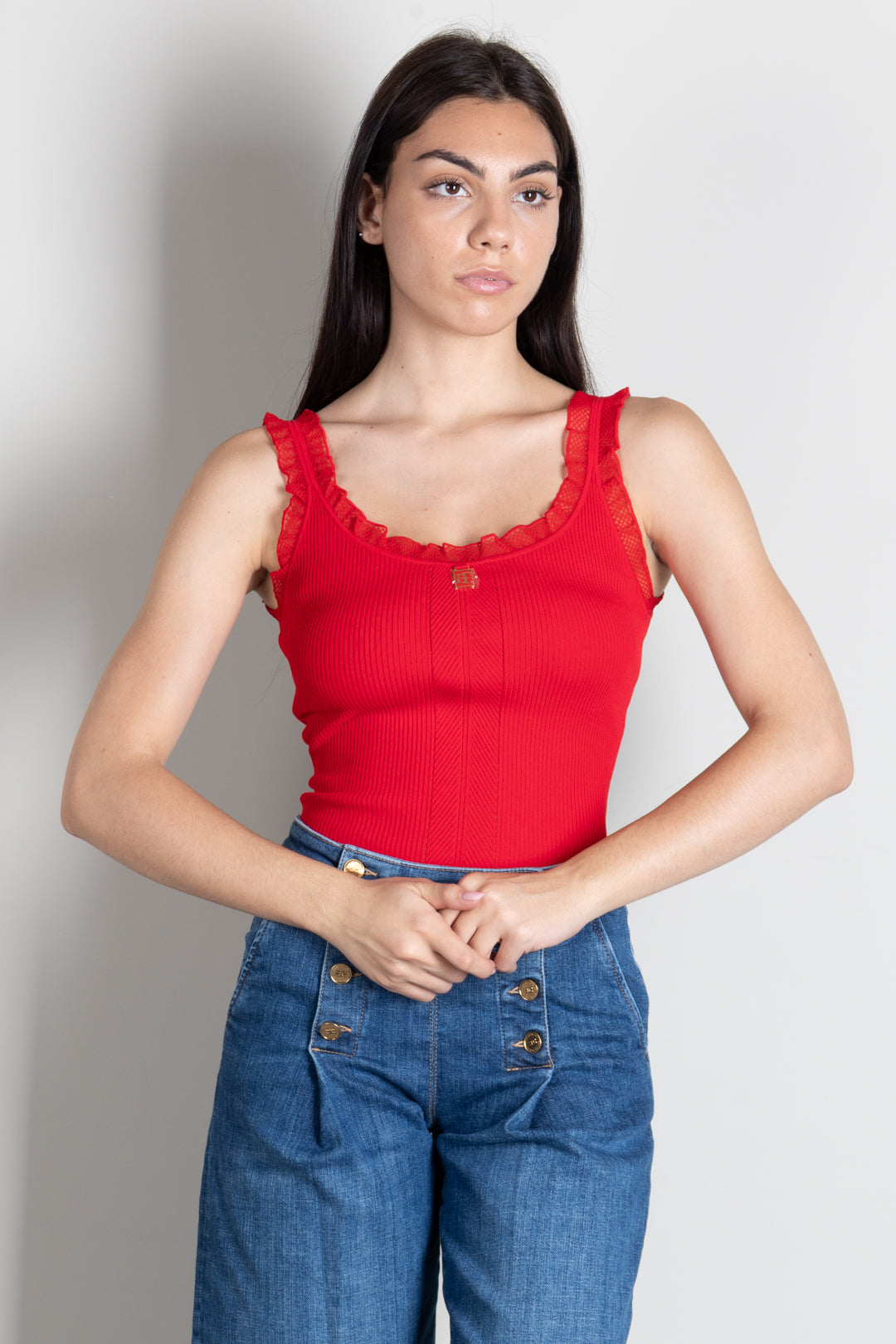 Elisabetta Franchi Top Tricot con Profili In Pizzo TK06B66E2 RED PASSION