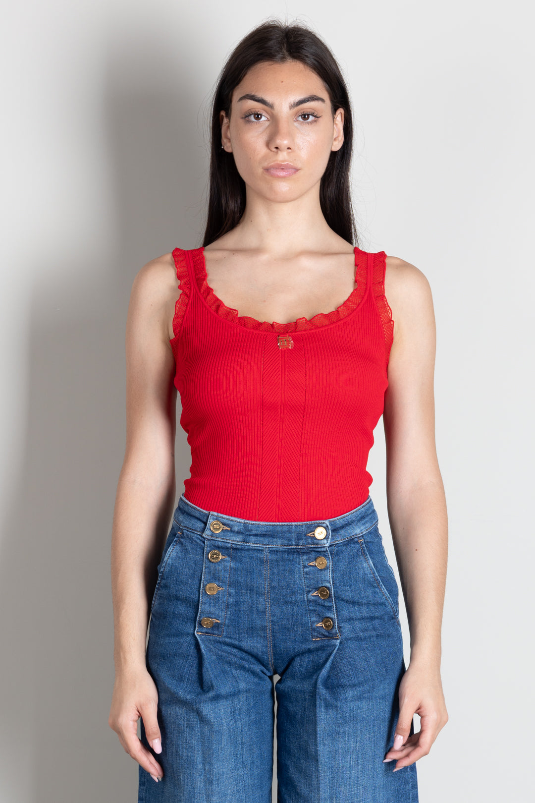 Elisabetta Franchi Top Tricot con Profili In Pizzo TK06B66E2 RED PASSION
