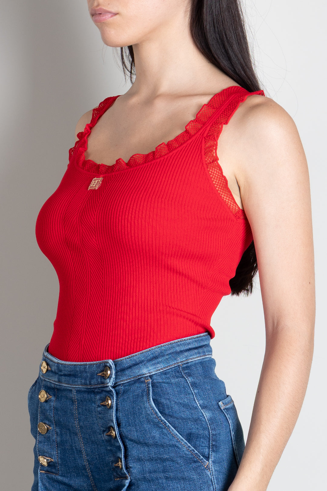 Elisabetta Franchi Top Tricot con Profili In Pizzo TK06B66E2 RED PASSION