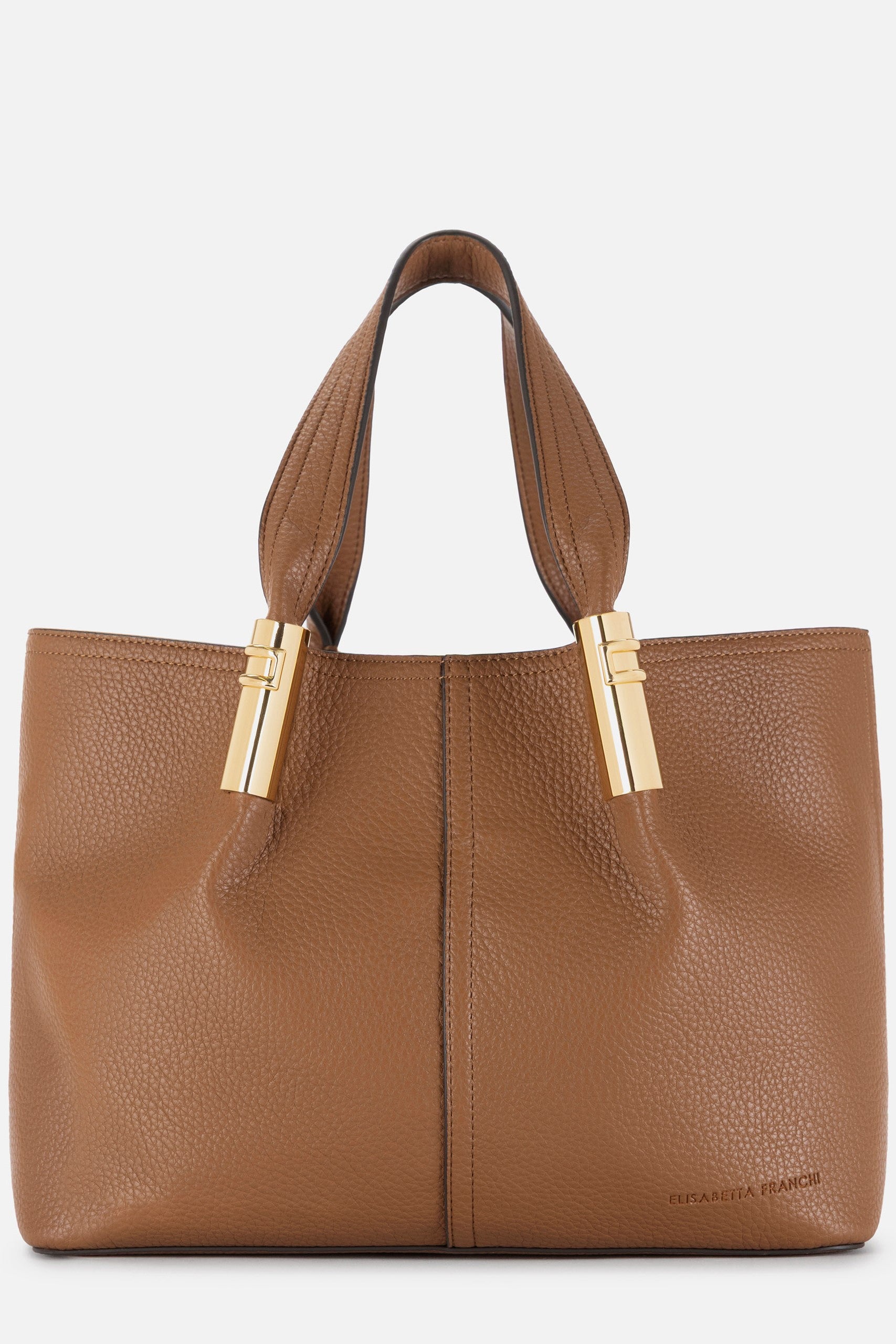 Elisabetta Franchi Tote Bag Media con Dettagli Logo Gold BS42A56E2 BROWN SUGAR