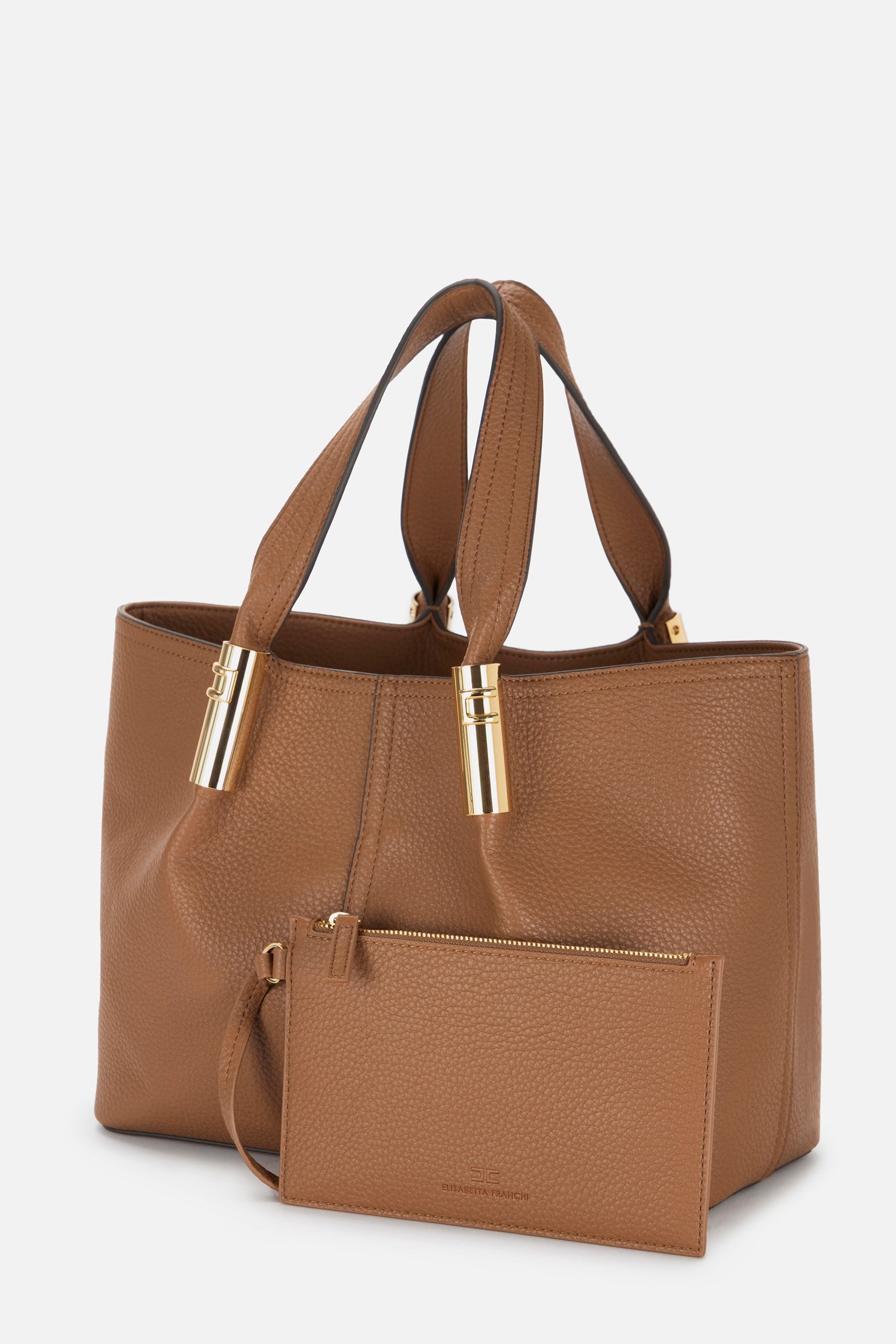 Elisabetta Franchi Tote Bag Media con Dettagli Logo Gold BS42A56E2 BROWN SUGAR