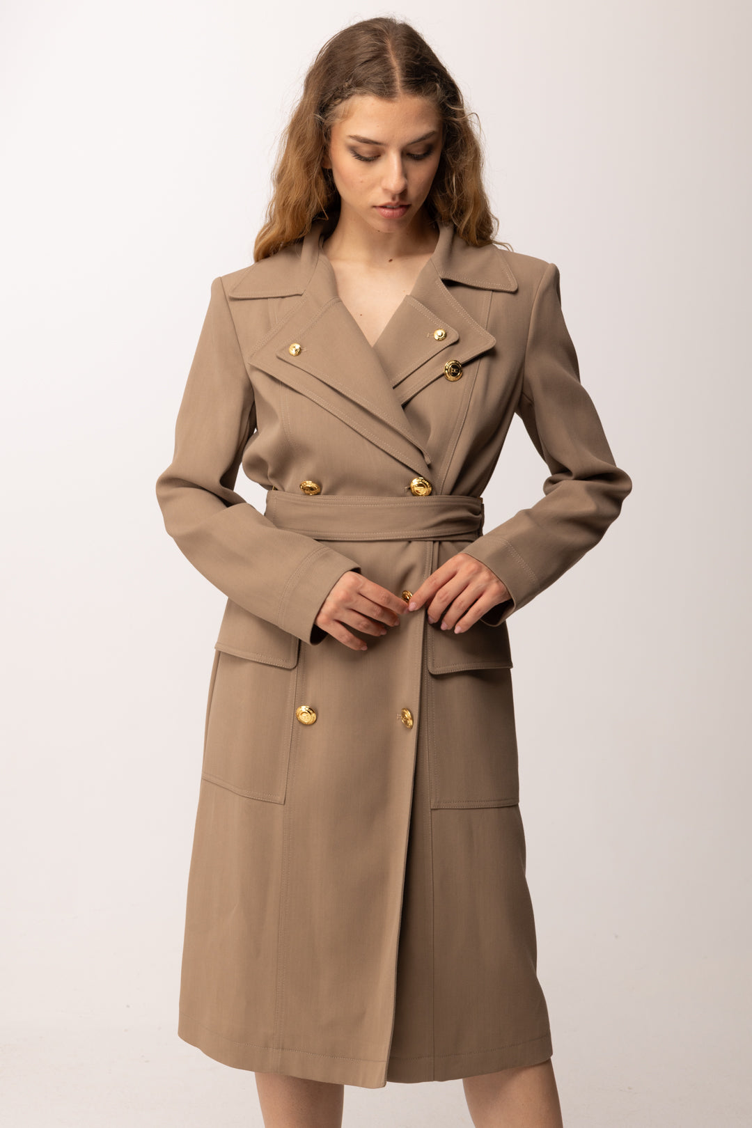 Elisabetta Franchi Trench In Gabardina con Rever Doppio SP00561E2 ARGILLA